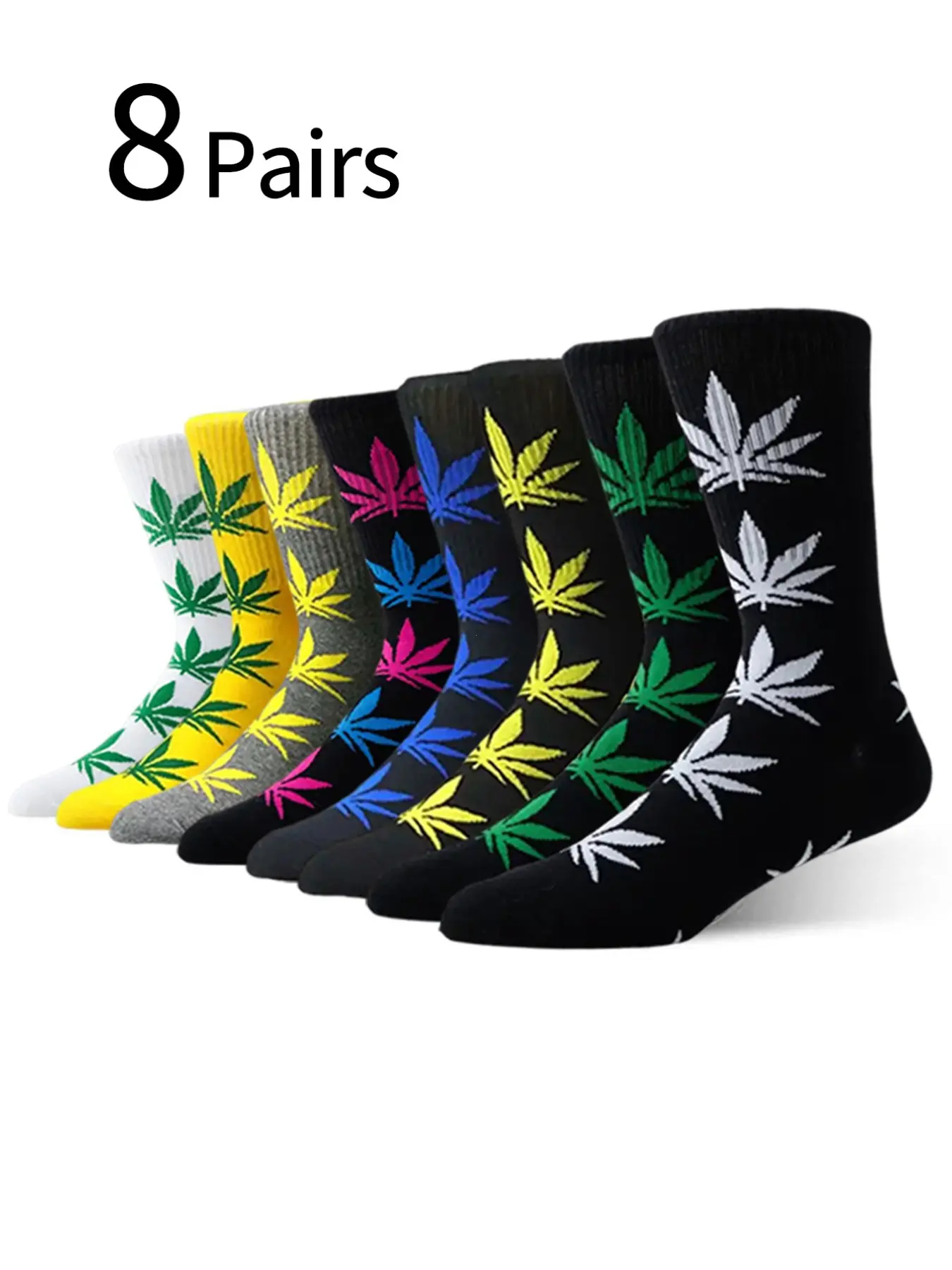 8 Pairs Men's Maple Leaf Large Size Basketball Socks, Sporty Colorblock Crew Socks, All Seasons, Casual Outdoor Wear
