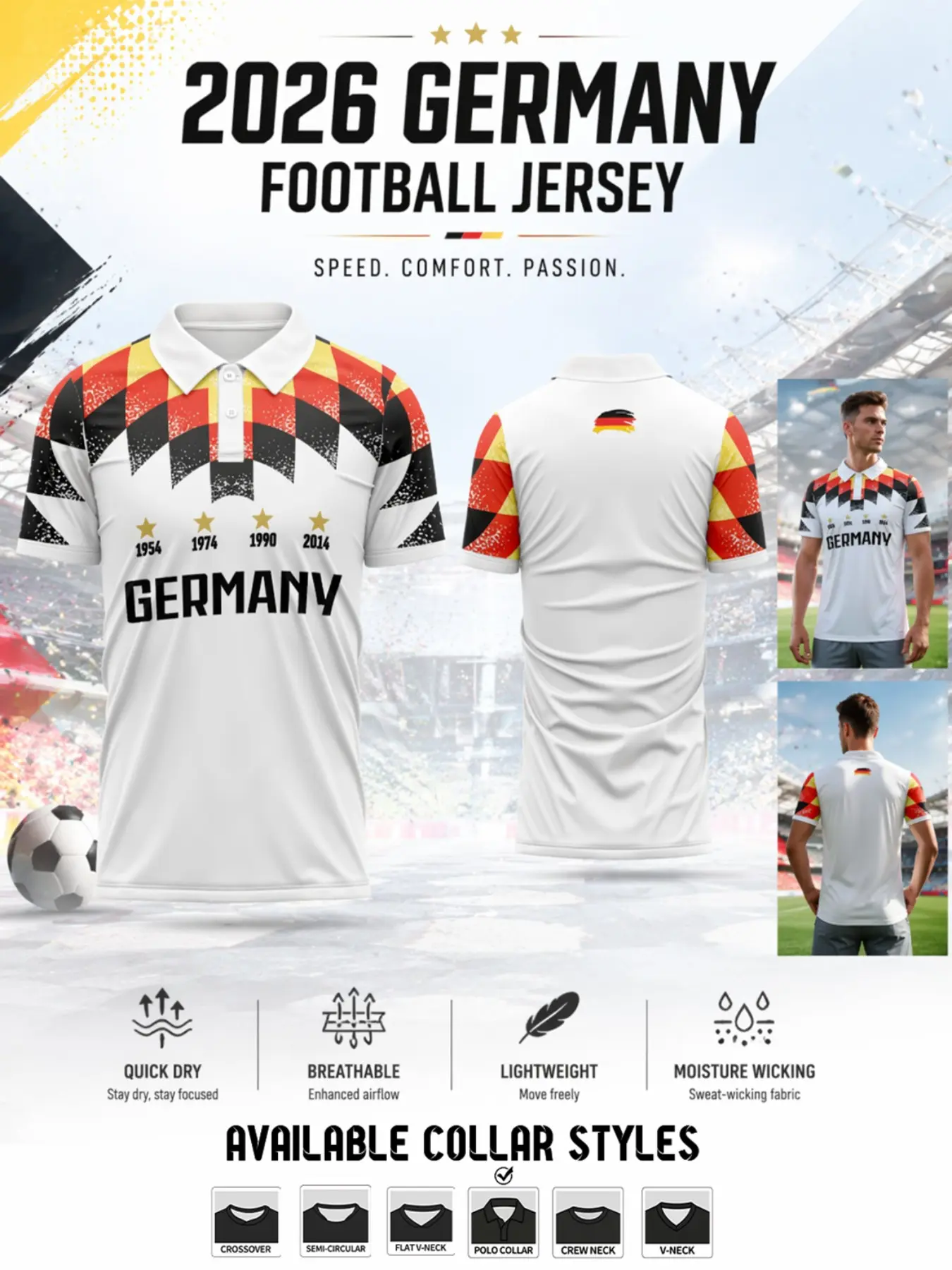 2026 Germany Soccer Jersey, Short Sleeve High-Performance, Base, Vintage Gold Triangle Pattern, Quick-Dry, Breathable, Sporty Style
