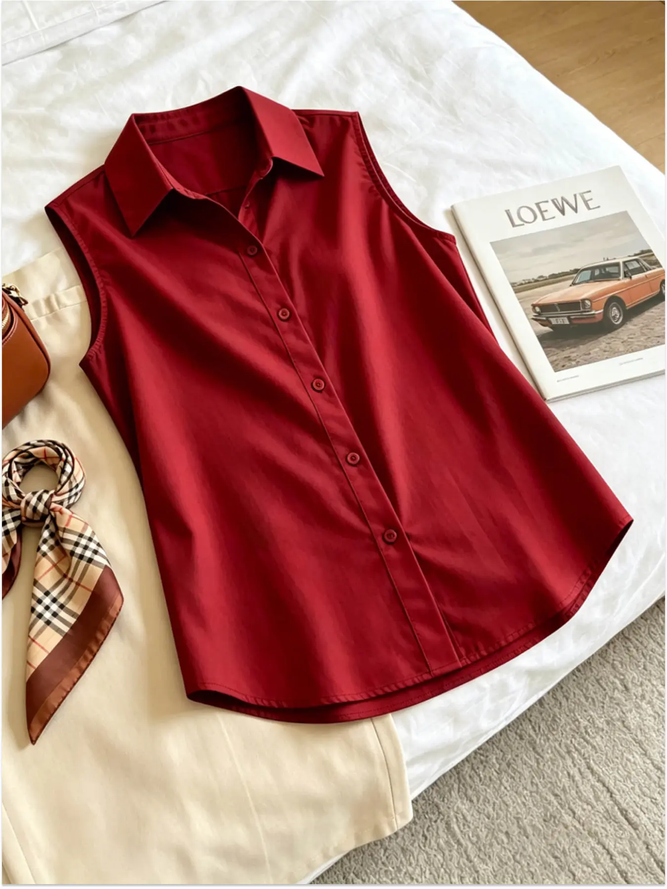 A fashionable women's collared sleeveless shirt blouses Basic casual shirts with a single breasted hanging top for casual commuting, suitable for summer office commuting, outdoor picnicking, vacation travel