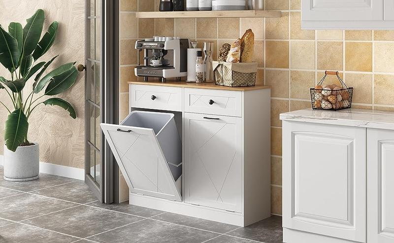 Vabches Trash Cabinet Double Trash Can, Free Standing Recycling Trash Cabinet With 2 Drawers For Kitchen