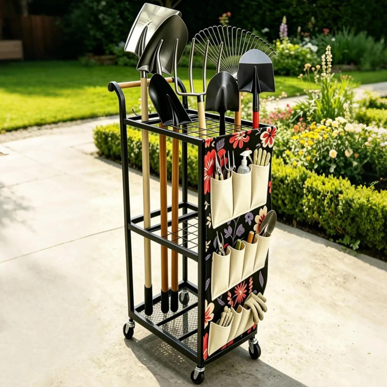 Garden Tool Organizer with Wheels 3 Tier Yard Tool Organizer Rack with Side Storage Pockets Sturdy Metal Steel Holder with 6 Hooks for Garage, Yard, Patio, Shed