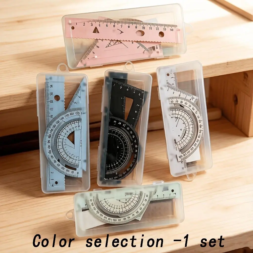 Multifunctional Geometry Set, Protractor Ruler Triangle Straightedge, Hand Measurement Drawing Tools, Storage Box Included, Four Colors Available
