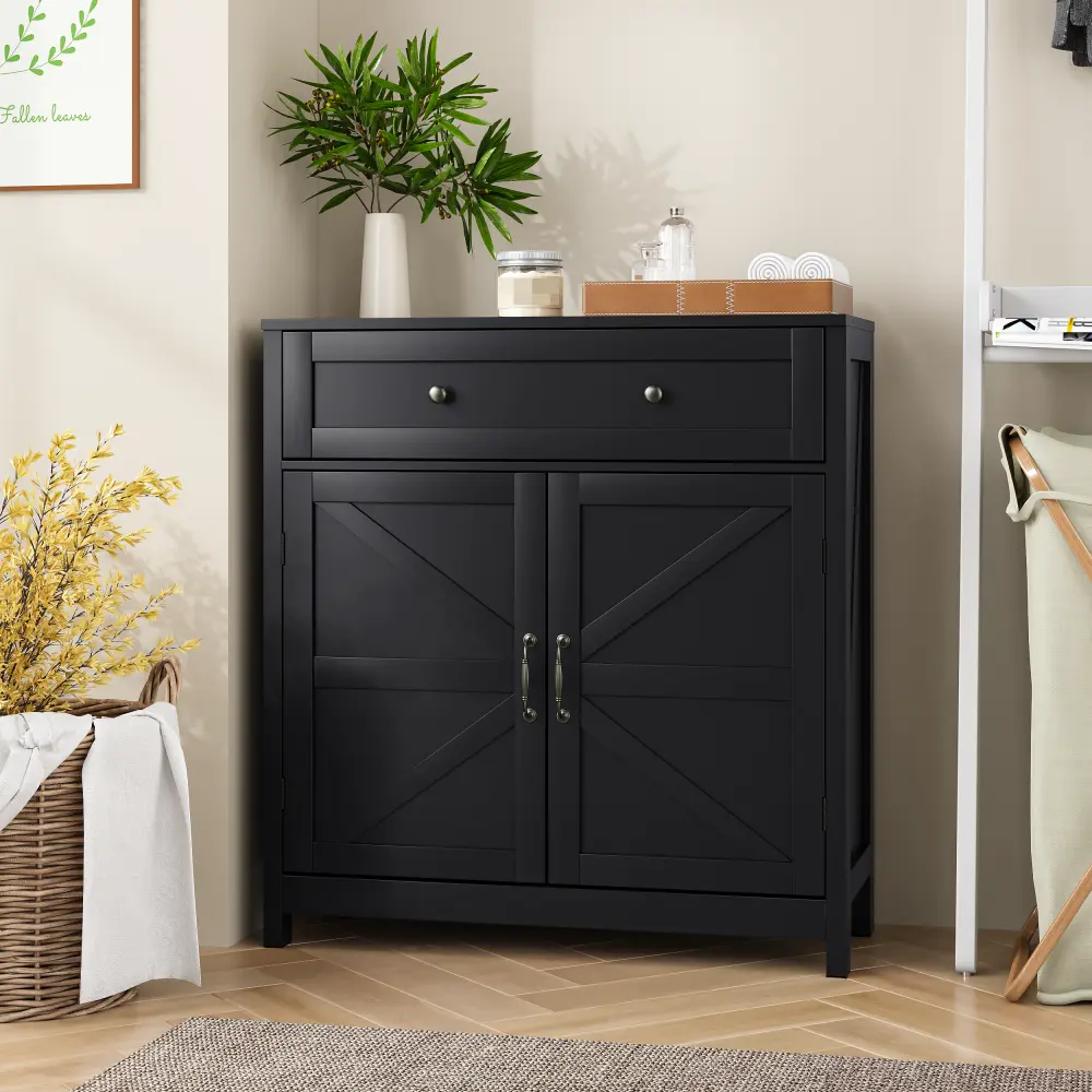 Farmhouse Kitchen Sideboard Buffet Cabinet with Drawer and Adjustable Shelves, Freestanding Storage Cabinet with Barn Door Design, Modern Accent Cabinet for Dining Room, Living Room, Entryway, Coffee Bar, Pantry Organization, Black Wood Cabinet Furniture