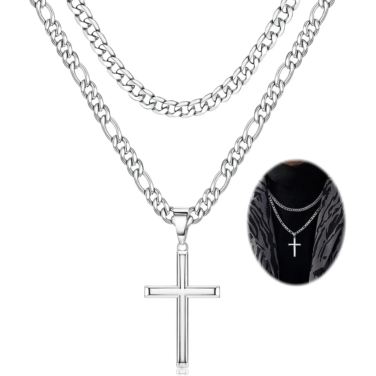 925 Sterling Silver Cross Crucifix Pendant Necklace - Hypoallergenic, Never Tarnish, Beveled Edge Faith Jewelry with Durable Stainless Steel Figaro Chain for Casual Men & Women