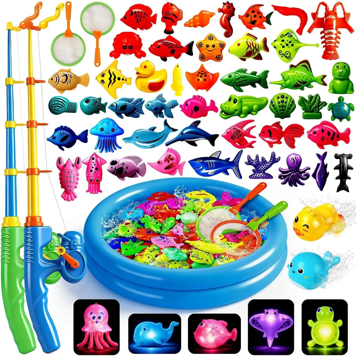 Magnetic Fishing Toys Game Set for Kids | Water Table Bathtub Kiddie Pool Party Pole Rod Net, Outdoor Plastic Floating Fish, Toddler Bath Color Ocean Sea Animals Birthday Gift Age 3-5 6 4-8