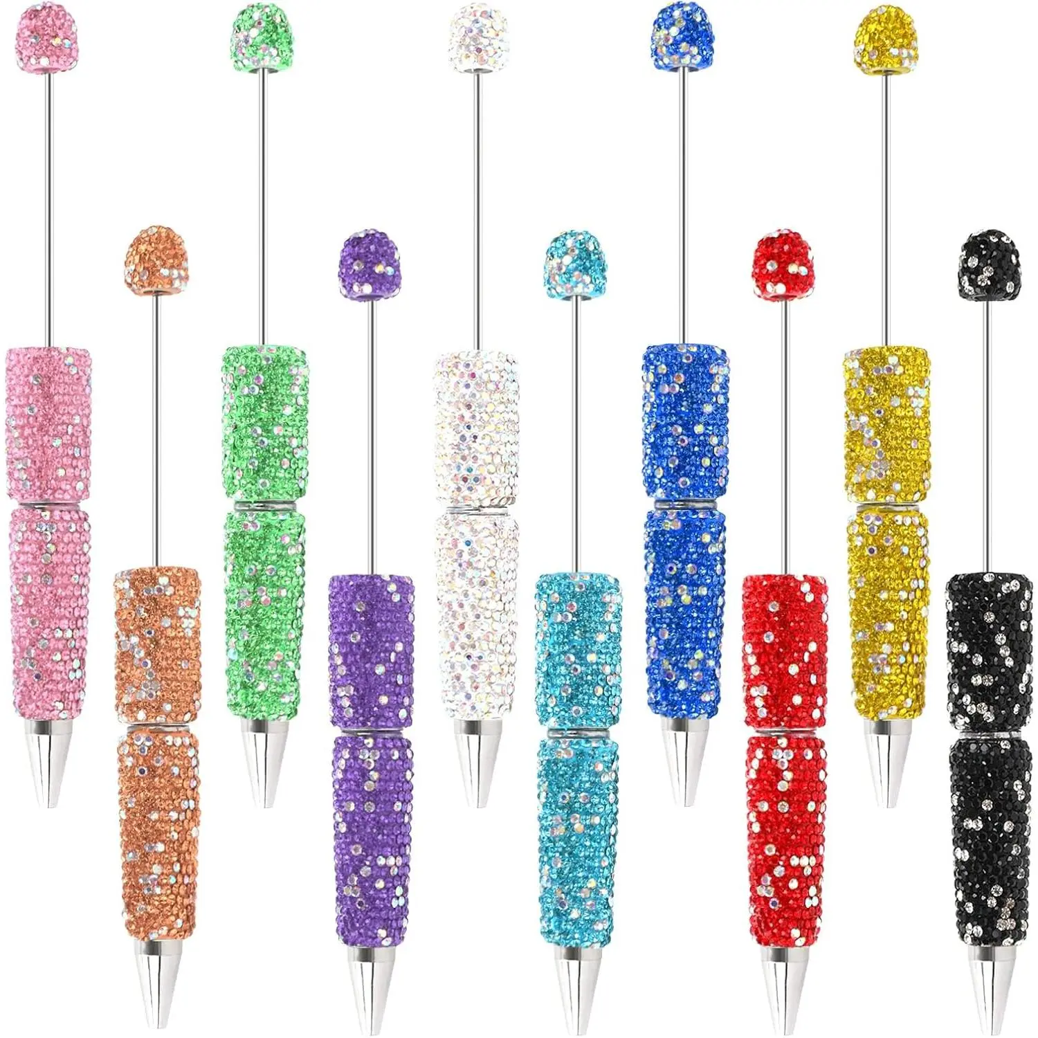10 count Glitter Beadable Pen Full Rhinestone Plastic Bead Ballpoint Pen Multicolor Fun Bling Retractable Beaded Writing Pens for DIY Craft Office Supplies