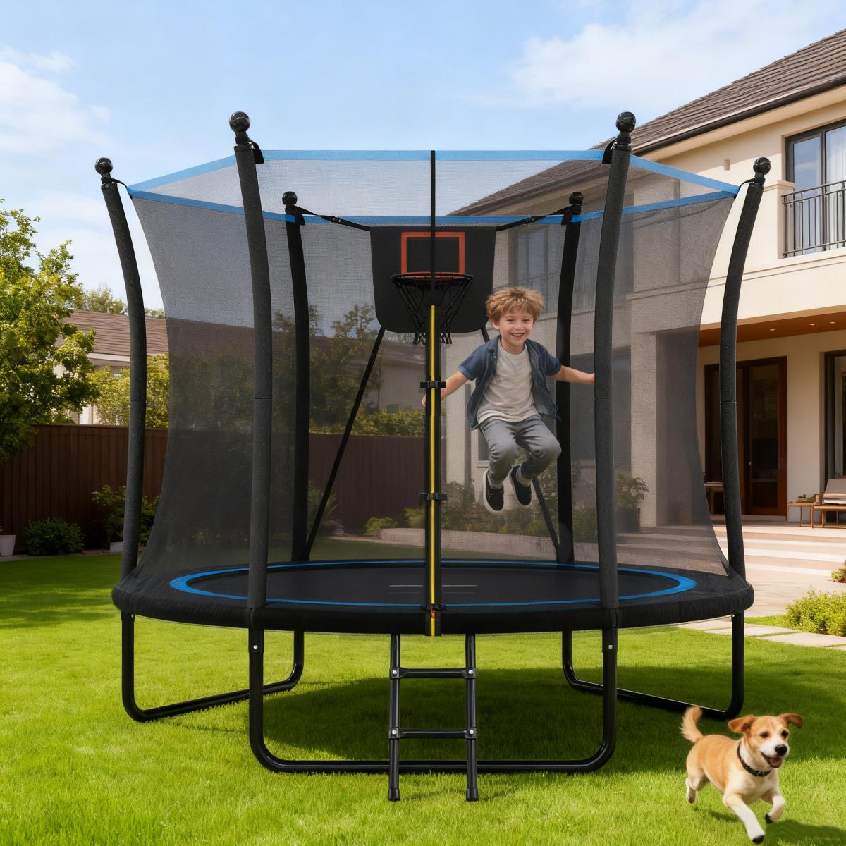 [Fahuac] 8FT Trampoline with Enclosure Net and Ladder, Outdoor Trampoline for Kids and Toddlers, Backyard Recreational Trampoline, Heavy Gauge Galvanized Steel Frame, 3 W-Shaped Legs