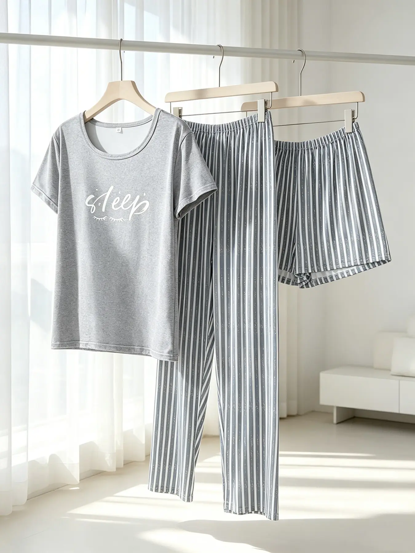Women's 3-Piece Crew Neck Pajama Set, Grey Vertical Stripe Print, Striped, Elastic Waist, All Season Wear, Cozy Minimalist Stripe Loungewear Set