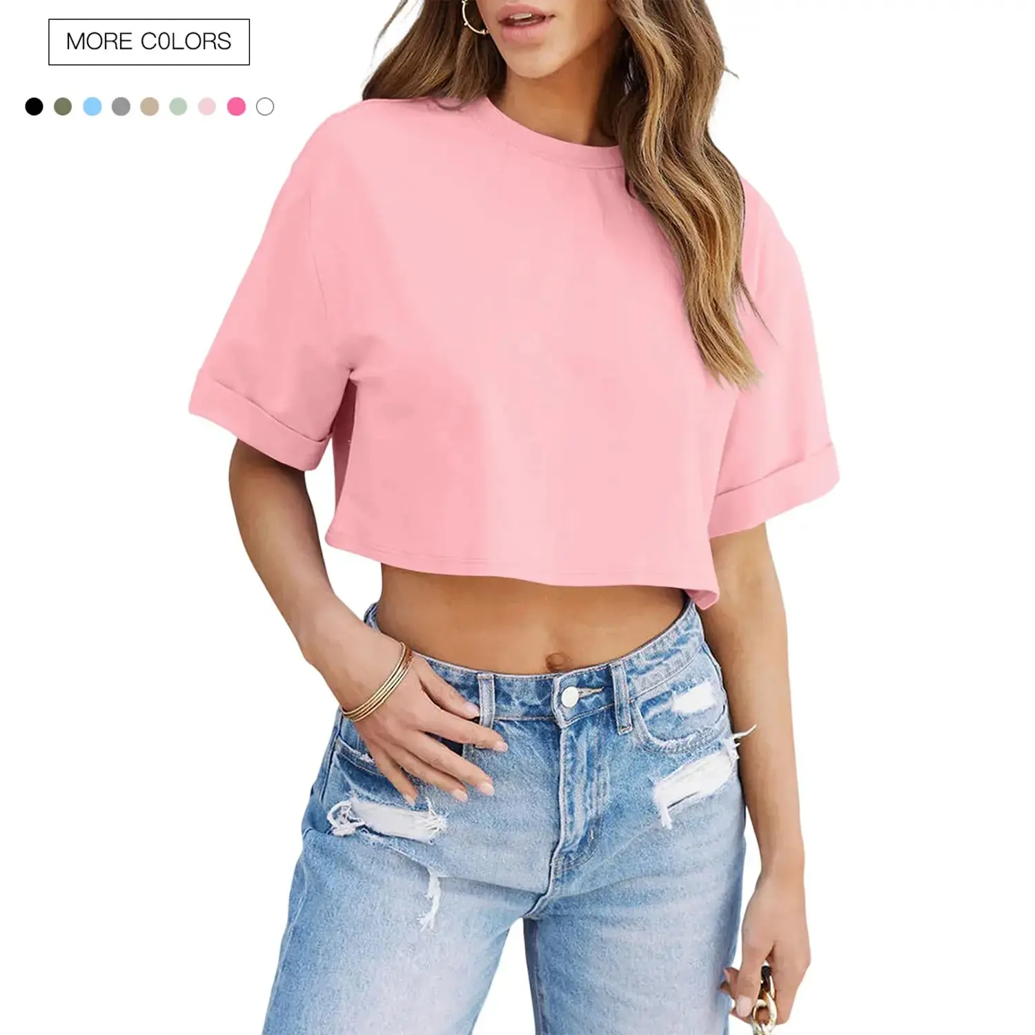 Women's Cotton-Spandex Crop T-Shirt - Short-Sleeve, Drop Shoulder, Round Neck, Minimalist Casual Summer Fashion Finds Streetwear Style Top