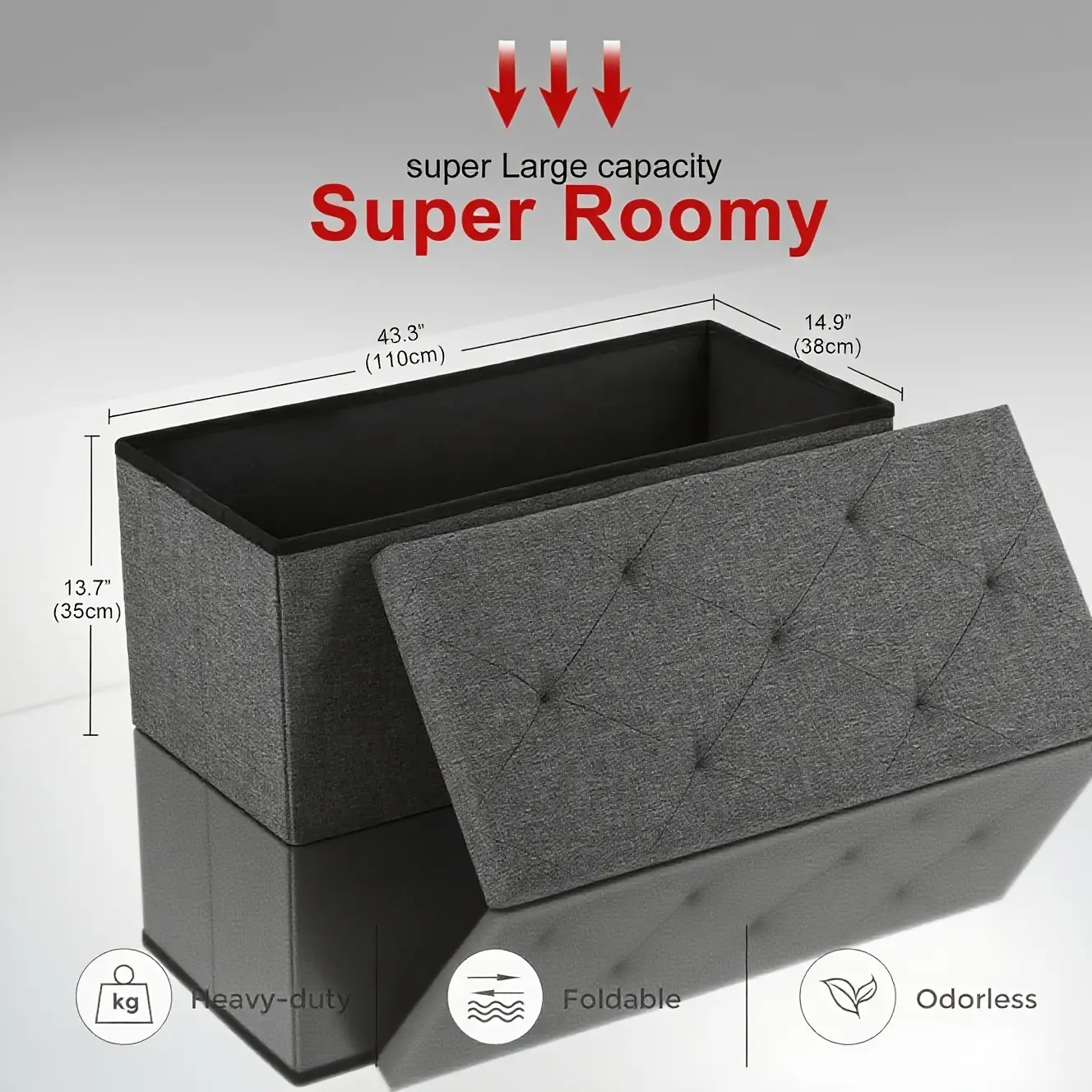 43 Inch Grey Folding Storage Ottoman Bench with Bins, Max 660lbs Load Fabric Foot Rest Bench for Bedroom End of Bed, Living Room