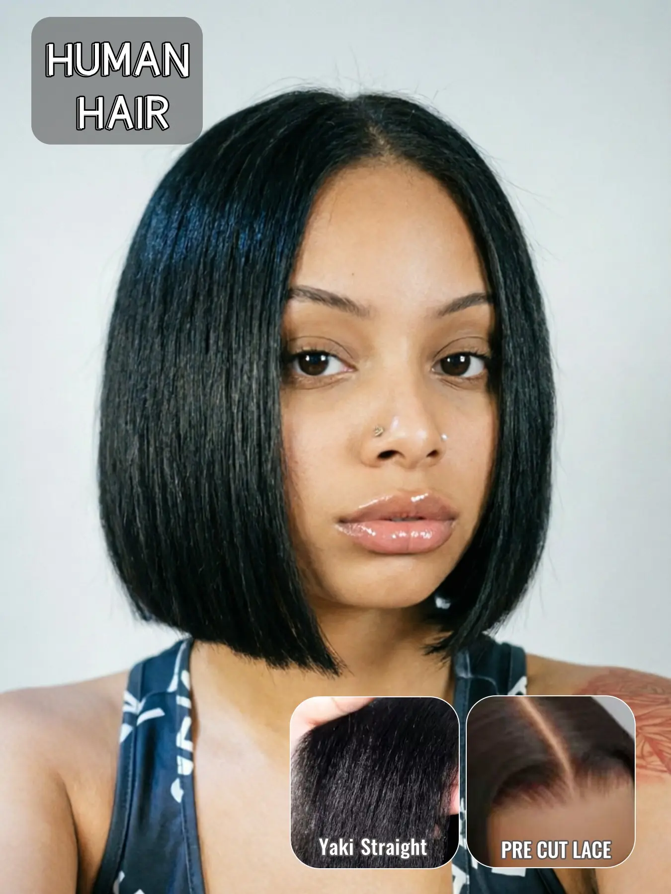 Human Hair Yaki Straight Bob Wig, 10 Inch Textured Blunt Cut with 4x4 Lace Closure, Natural Middle Part, Relaxed Yaki Finish, Soft Volume and Realistic Hair Movement for Women’s Modern Everyday Style Short Bob Wigs