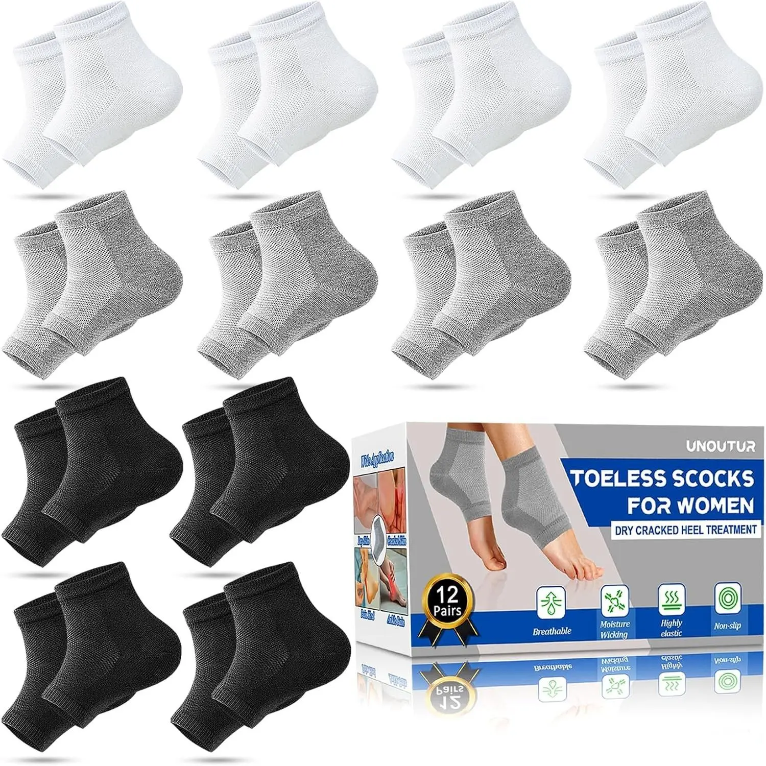Moisturizing Socks, 12 Pairs Toeless Socks for Women for Dry Cracked Heel Treatment, Cracked Heel Socks for Women