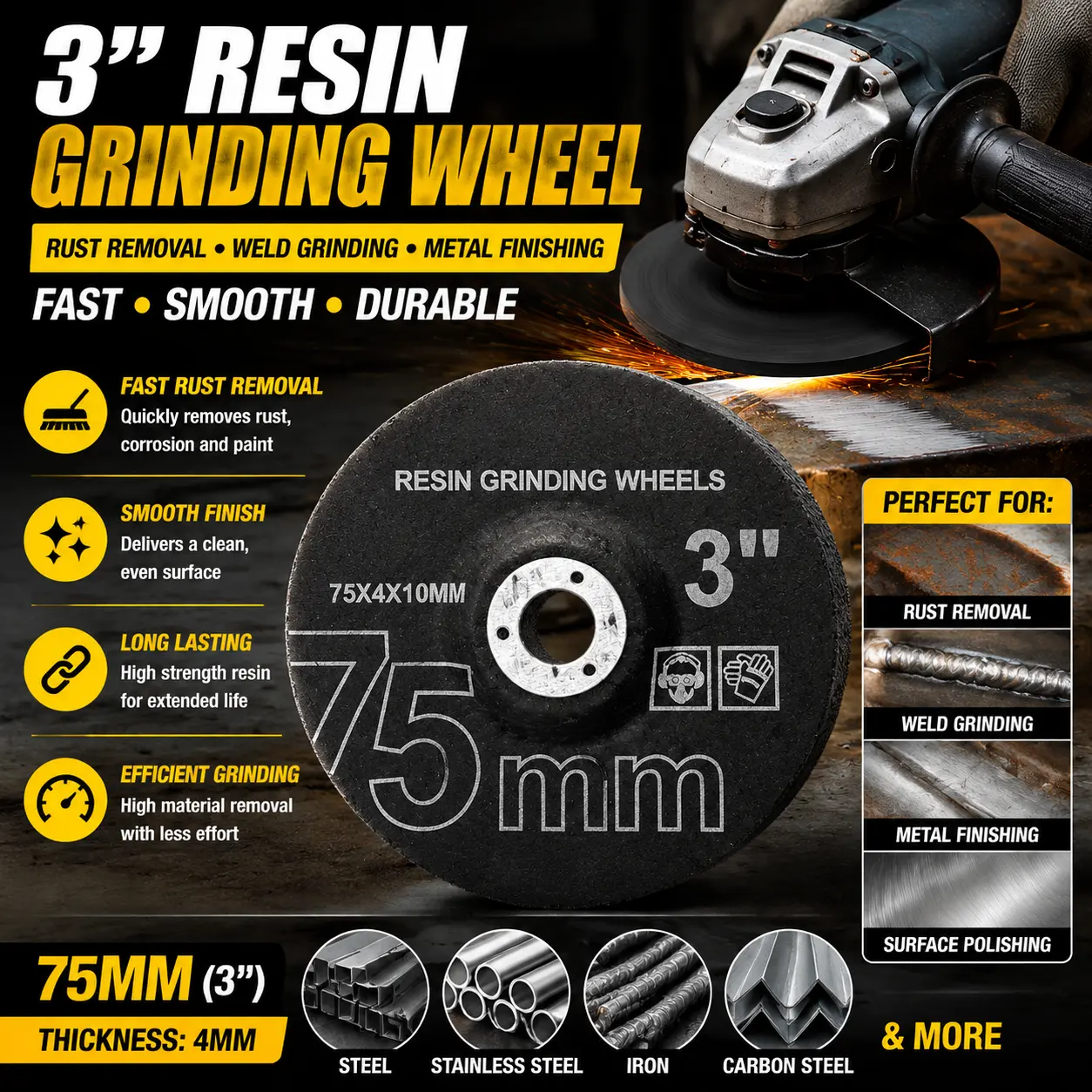 3 Inch Resin Grinding Wheel, 75mm Angle Grinder Disc for Metal Grinding, Rust Removal, Polishing and Surface Finishing