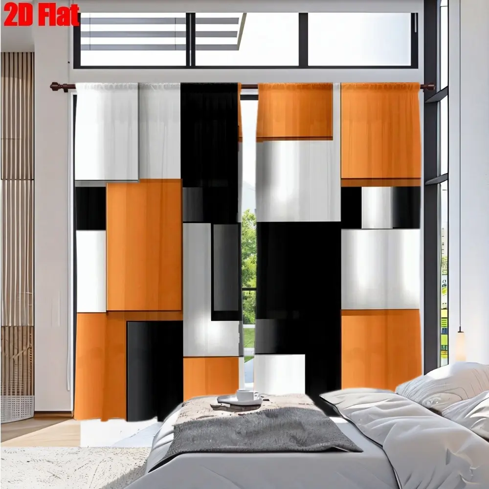 2D Flat 2Pcs Modern Geometric Print Curtain with Abstract Blocks Orange Black White Design, Contemporary Home Decor, High-Quality Digital Printing, Minimalist Aesthetic, Room Divider for Living Bedroom Dining Kitchen Window Decoration