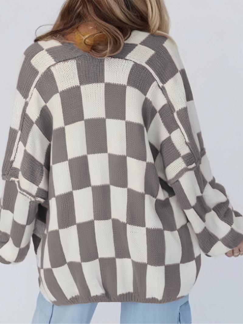 Christmas Deals Women's Checkerboard Pattern Drop Shoulder Cardigan, Casual Long Sleeve Open Front Knitwear for Summer, Fashion Ladies' Knit Clothing for Daily Wear, Christmas 2024 Trend, Fall&winter Clothing