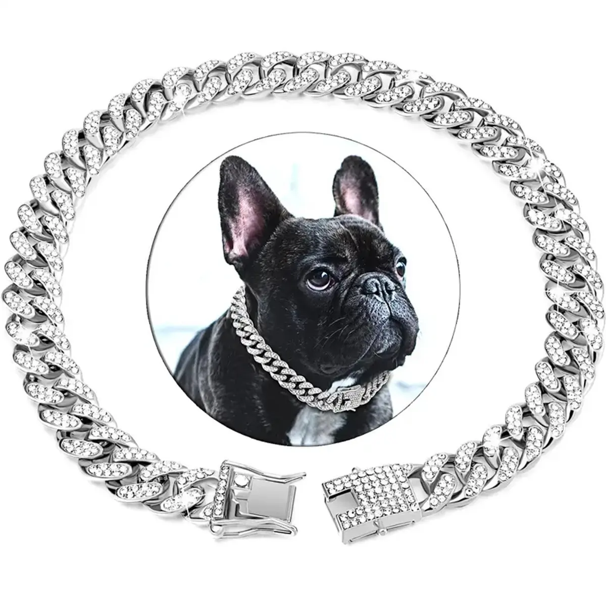 Silver Diamond Cuban Link Pet Collar, 13mm Wide Metal Crystal Dog Necklace, Stylish Jewelry Accessory For Small, Medium And Large Dogs, Cats Daily Wear