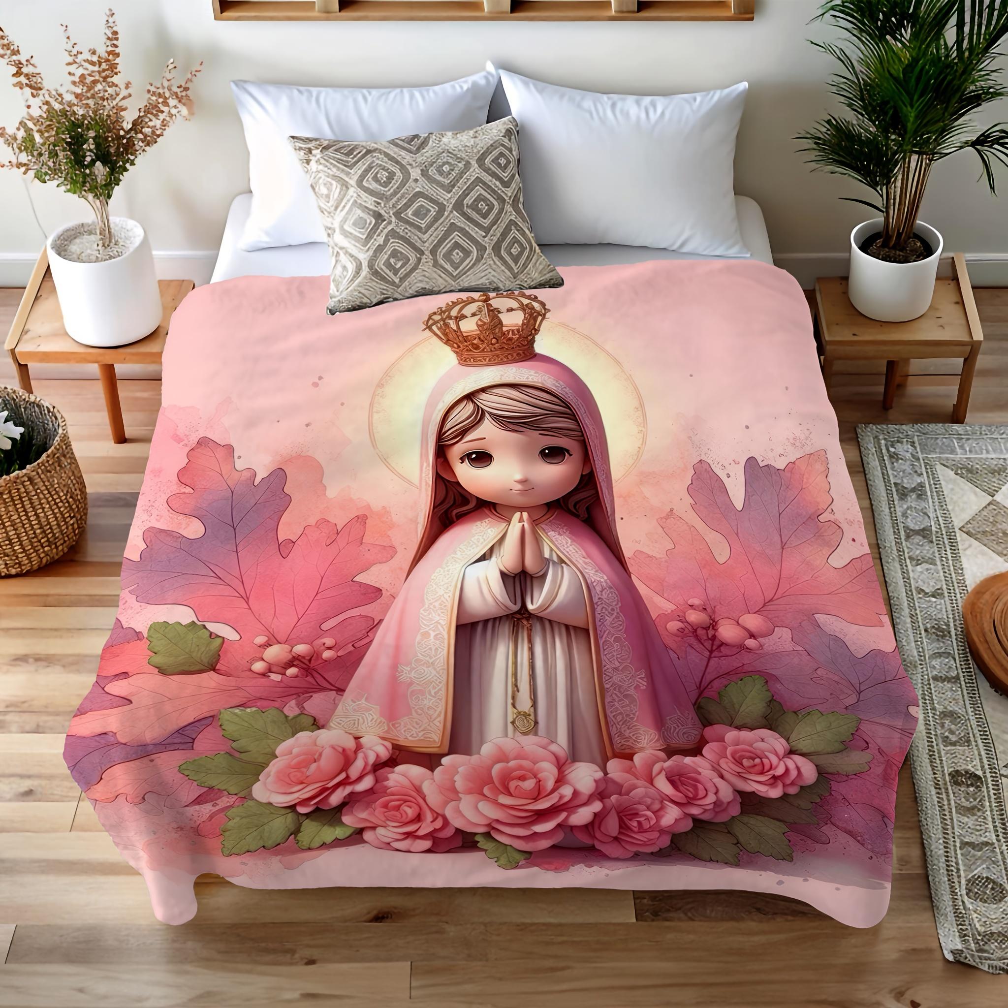 1pc Cute Cartoon Virgin Mary Digital Print Fleece Flannel Blanket, Soft Warm Nap Blanket For Sofa, Office, Bed, Camping, Travel, All-Season Multi-Purpose Gift, Pink, Machine Washable Perfect As A Gift For Friends And Family