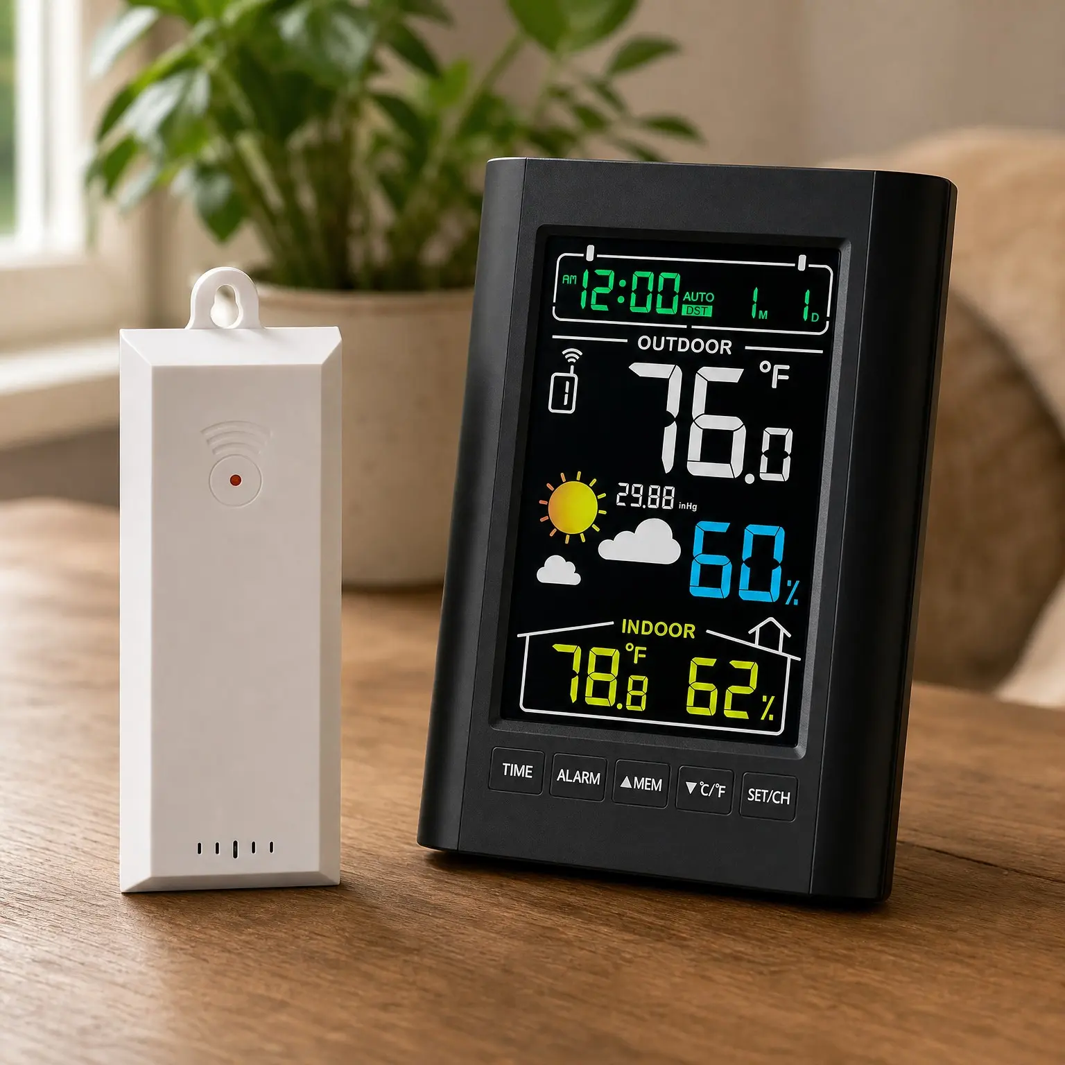 Wireless Weather Station Indoor Outdoor Thermometer Humidity Monitor with 330ft Range Sensor and Adjustable Backlight, Black