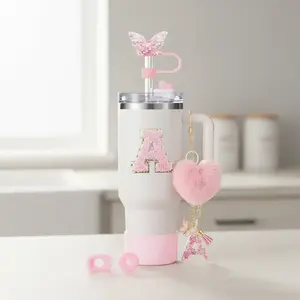 8pcs Cup Accessories for Stanley Cup 30oz 40oz Includes Butterfly Straw Cover Cap Straw Toppers Silicone Boot Alphabet Handle Charm Initials Sticker 2pcs Spill Proof Stopper Heart Hook Love Plush Ball Tumbler Straw Lid Perfect for Thanksgiving