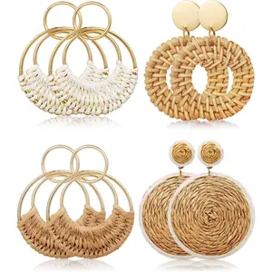 4 Pairs Handmade Raffia Rattan Bohemian Round Drop Dangle Earrings for Women, Boho Statement Cute Fun Hoop Earrings SetGift.