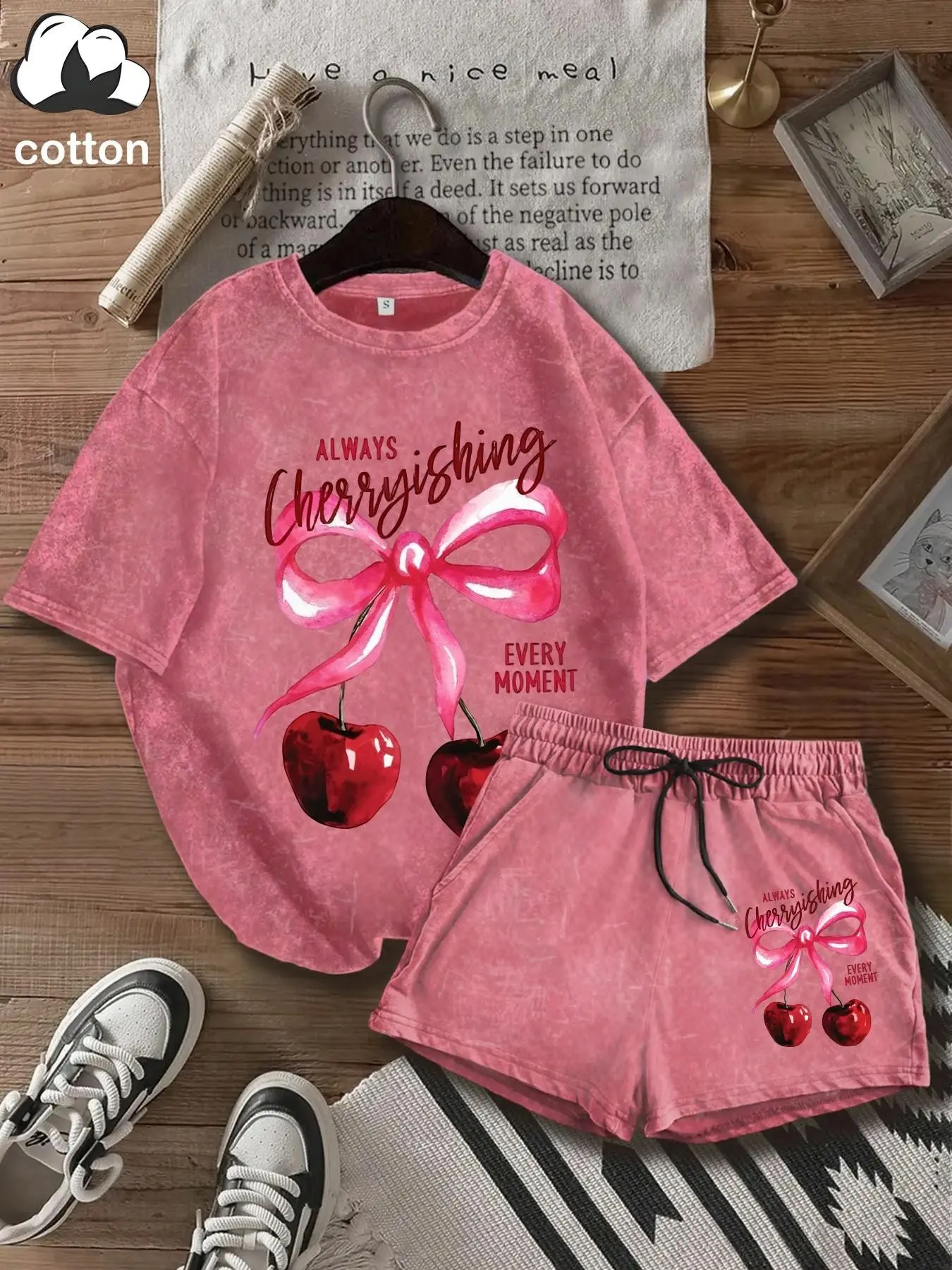 Women's Cherry Letter Print Cotton Two-Piece Set, Casual Short Sleeve T-Shirt and Shorts, All-Season Ladies