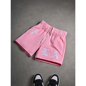 Men's Gothic LA Letter Cross Embroidered Sweat Shorts Hip Hop Casual Drawstring Shorts Pink