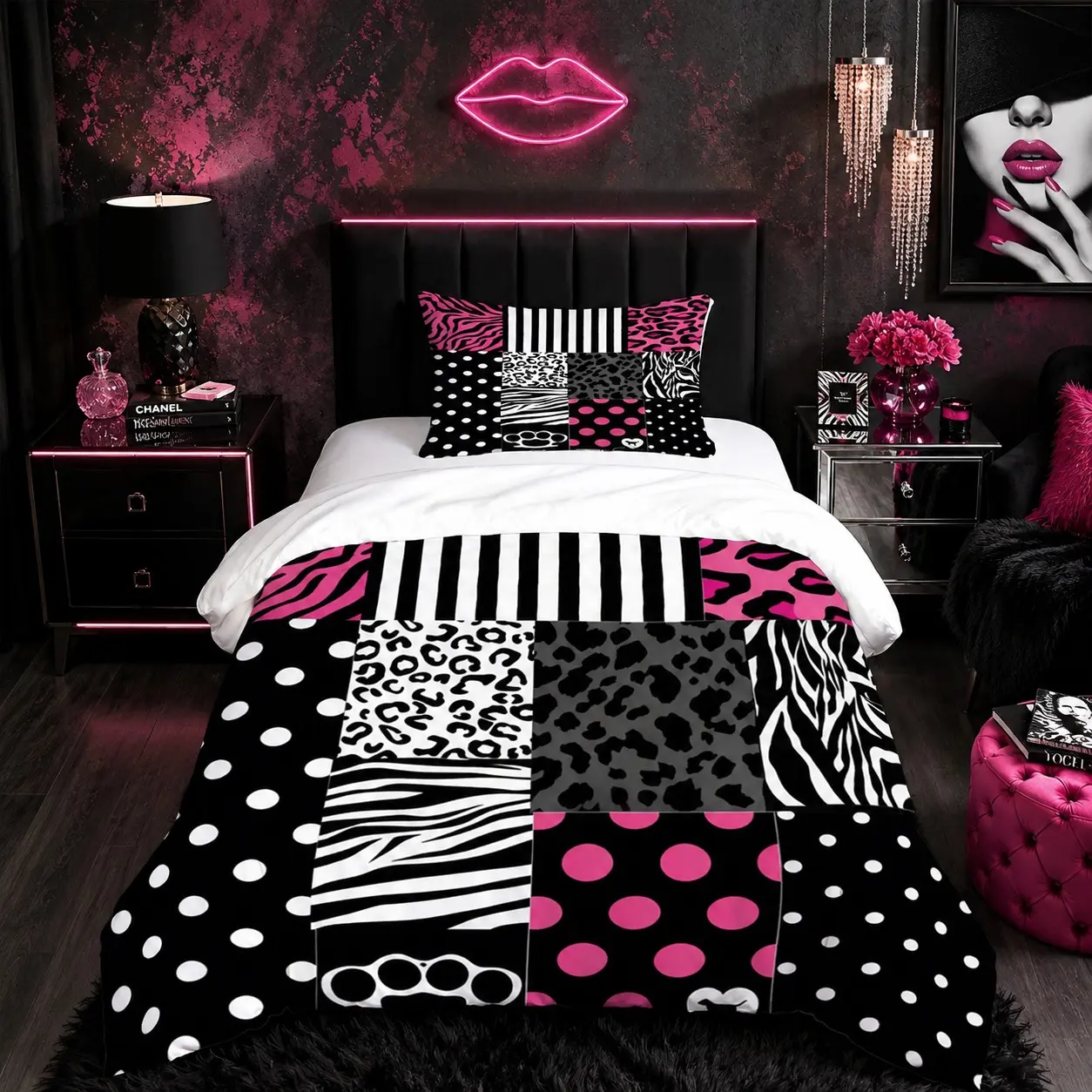 2/3-Piece Hot Pink Black Animal Print Patchwork Duvet Cover Set (1 Duvet Cover + 1/2 Pillowcases, No Inserts), Single-Side Printed Soft Breathable Bedding Bed Covers, Y2K Leopard Zebra Polka Dot Bed Set for Teen Girls Bedrooms and Holiday Gifting