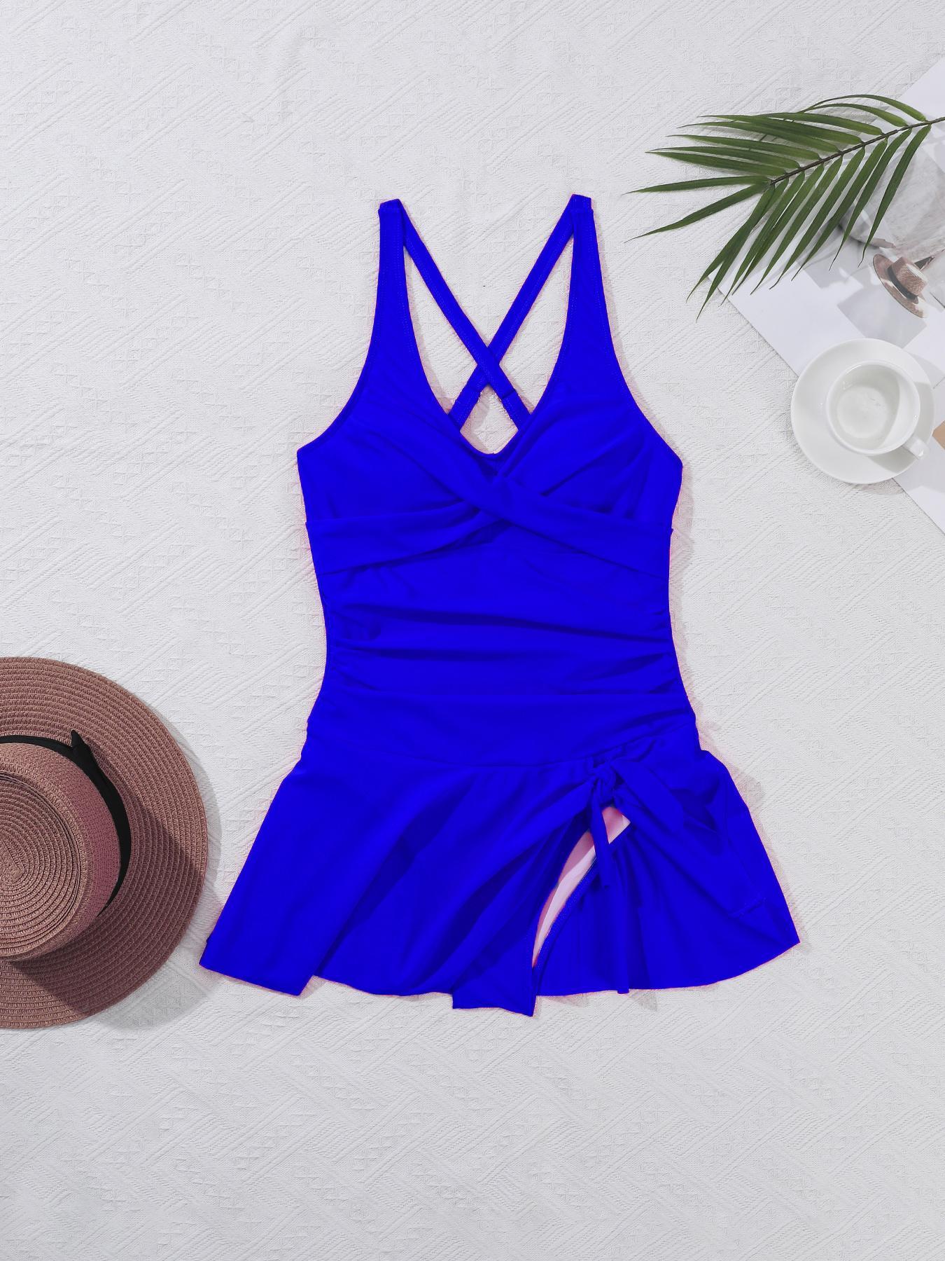 Women's 2 in 1 Criss Cross Ruched Knot One-Piece Swimsuit, Solid Color Sleeveless V Neck One-Piece Swimwear for Beach Holiday Vacation, Ladies Swimsuit for All Seasons