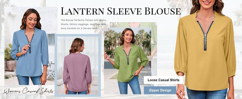 Womens V-Neck Lantern Sleeve Blouse Zipper Design Loose Casual Top Shirts Womens V-Neck Lantern Sleeve Blouse Zipper Design Loose Casual Top Shirts
