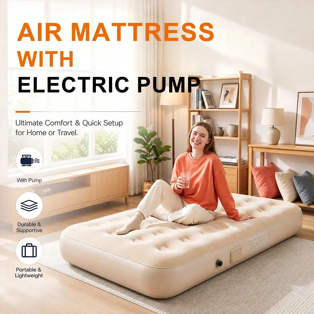 Single Person Inflatable Mattress, Blow Up Bed with Rechargeable Pump, Comfortable Durable Fleece Surface PVC Sleeping Pad for Indoor and Outdoor Use