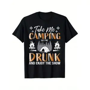 180gMen's Vintage Camping Graphic T-Shirt - Black Outdoor Adventure Tee with Campfire & Tent Design, "Take Me Camping" Slogan, All-Season Comfort for Hiking, Beach, Travel & Parties, Machine Washable Regular Fit Casual Shirt
