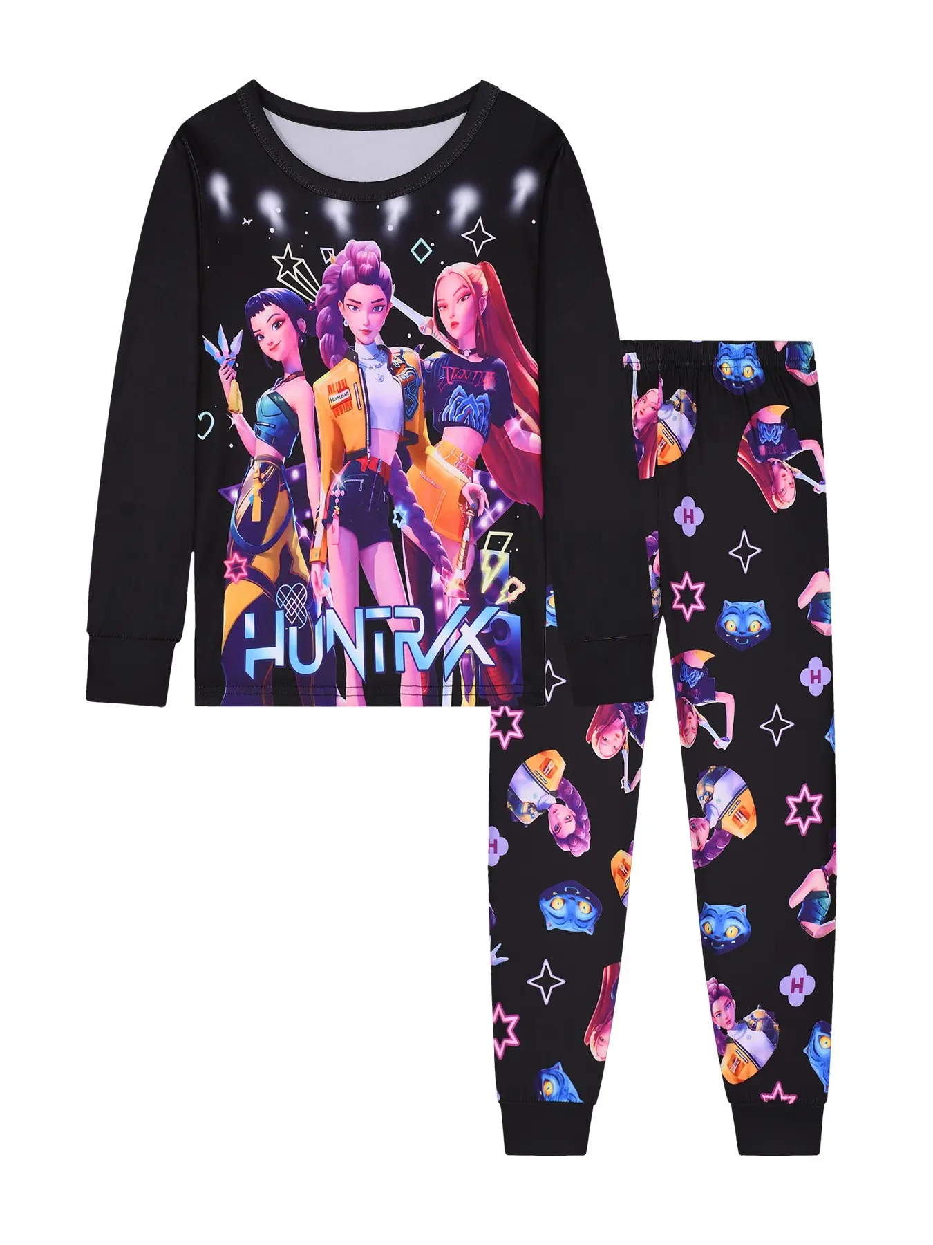 Girls' Cool Girl Group Theme Print Round Neck Spring Fall Thin Long Sleeve Pants Set, Matching Pajama Set, Fitted Pajama Sets, Comfortable Home Wear Sleepwear, Cartoon Pattern Pajamas
