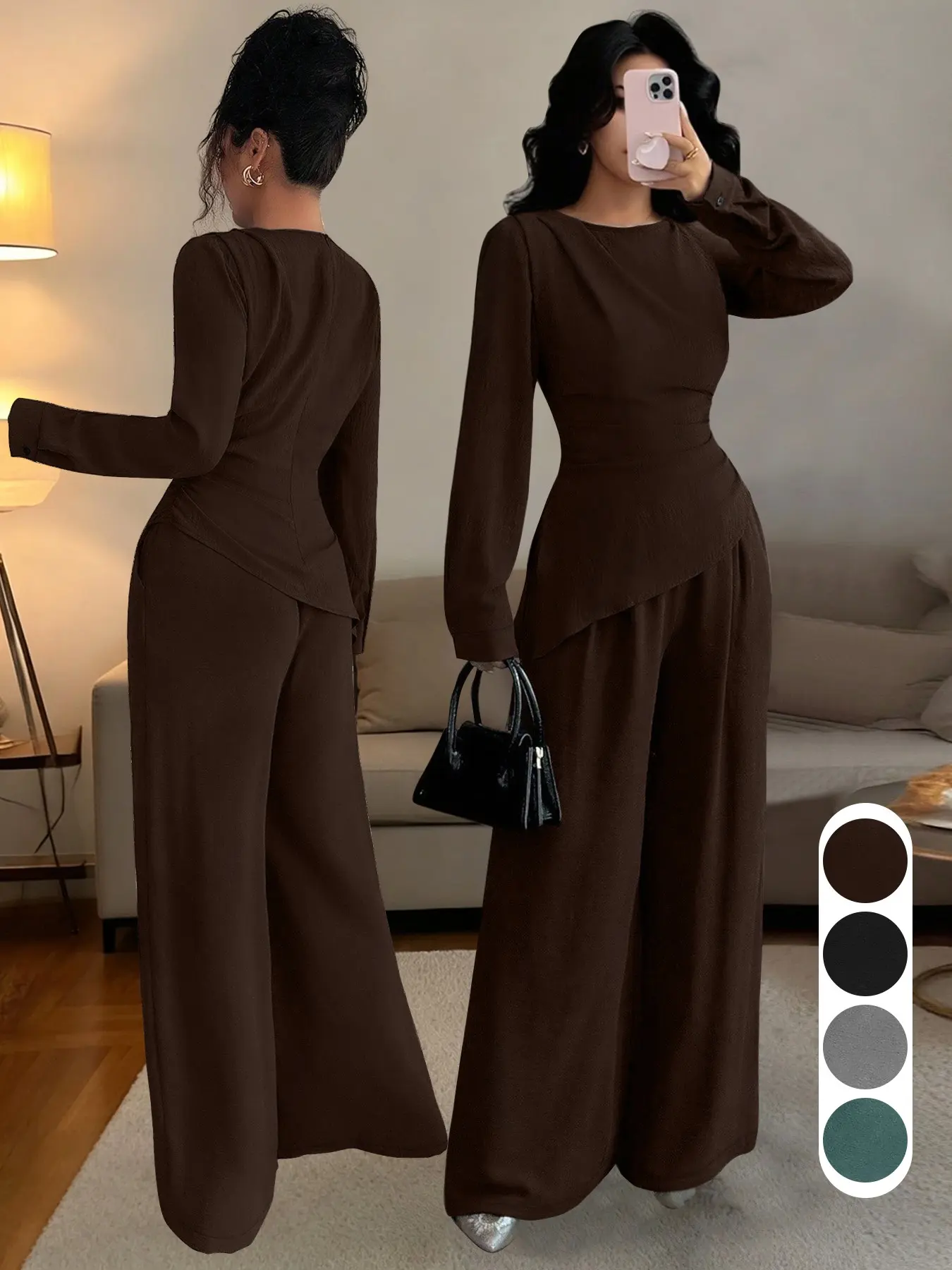 Women's Round Neck Asymmetrical Hem Waistcoat and Wide Leg Pants Set, Slimming Solid Color, Casual Office Style, Fall Winter Fashion
