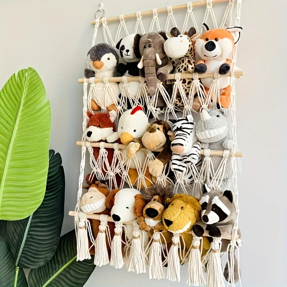 Bohemian Plush Animal Netting Storage Bag - Wall Mount Organizer - Home Organizer for Stuffed Toys - Bedroom Decoration