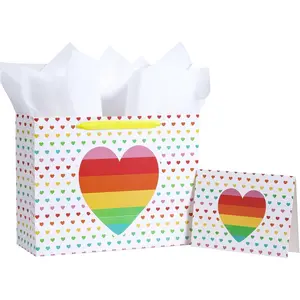 Rainbow  Bag, Colorful Hearts Design, Medium Size Bag with Tissue Paper, Tag, Greeting Card, Ideal for fo Diversity Rainbow Celebrations, Birthday, Holiday, 13" x 5" x 10", 1 count