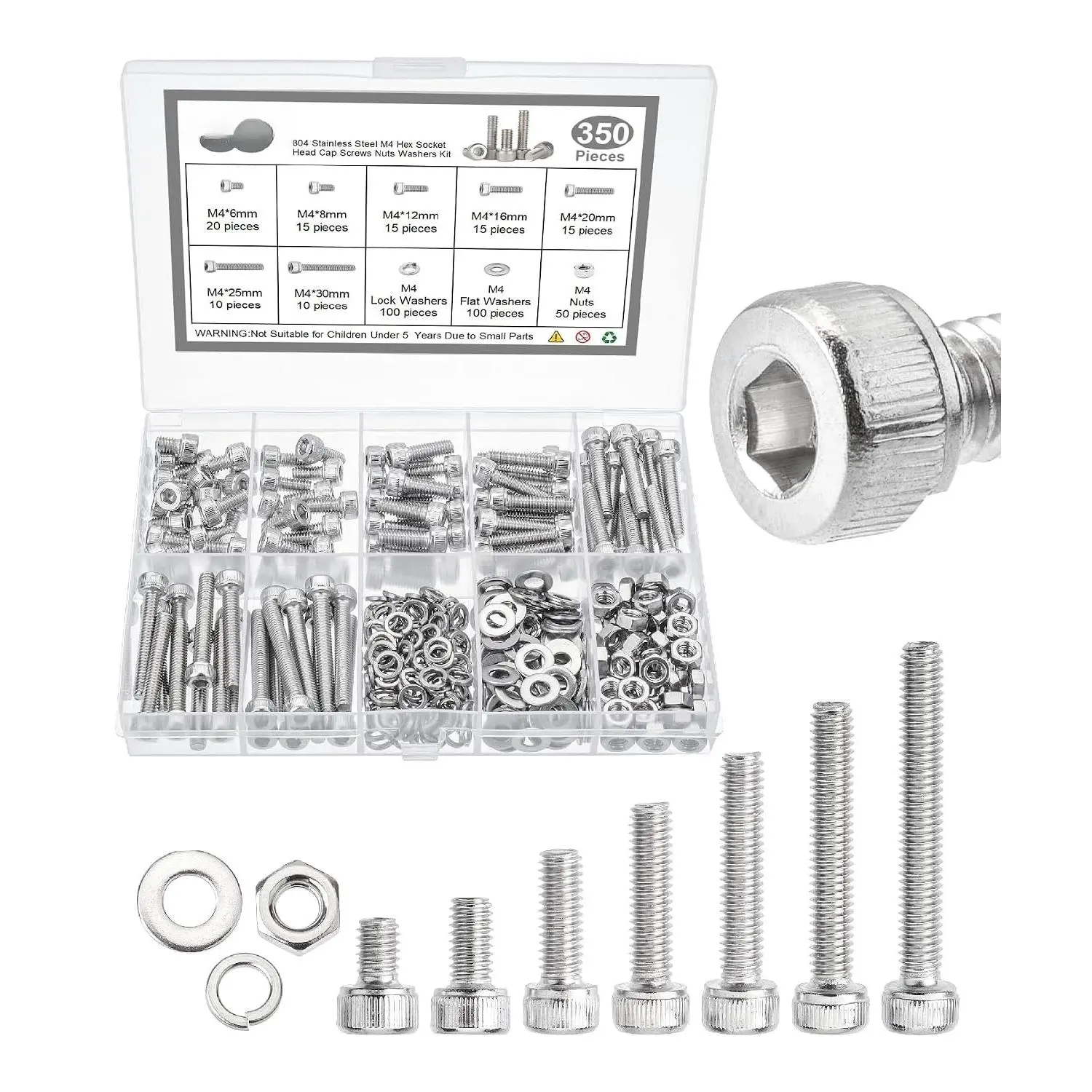 - Nuts and   Kit, 350 count, Stainless Steel, M4 Screws (7 Sizes 6-30mm), Hex Socket  Cap Screws  Nuts and  Nut Bolt and Washer  Bolt and Nut