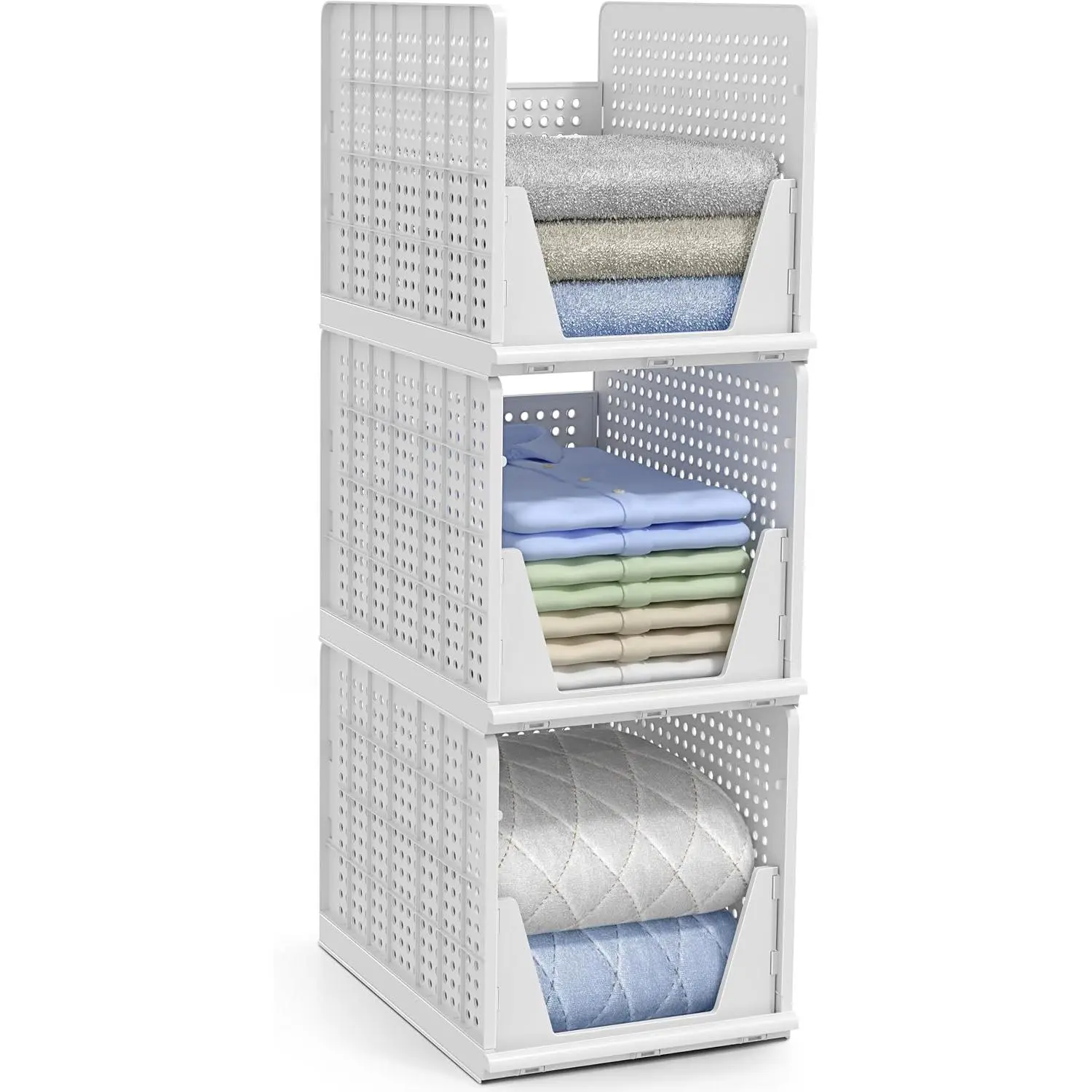 Plastic Stackable Shelf Organizer Baskets - Adjustable Lightweight Functional Laundry Storage Pack for Closet, Pantry, Cabinet Organization, Open Front