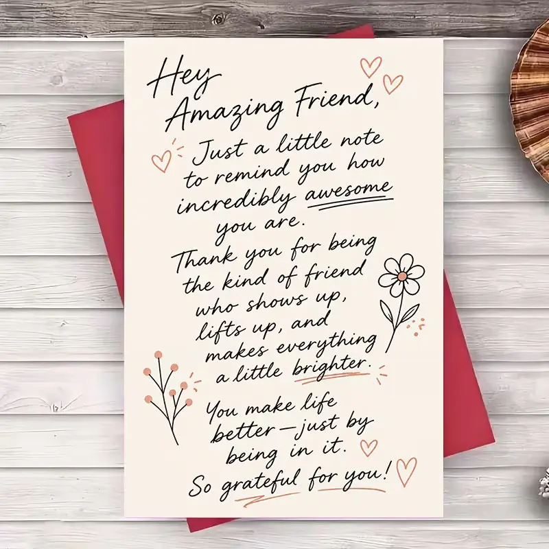 1pc Best Friend Greeting Card Hey Amazing Friend Simple Hand Drawn Flower Heart Friendship Appreciation Card for Best Friends Birthday Thank You Encouragement Support Gift Blank Inside With Envelope