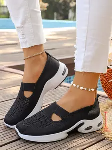 Women's Hollow Fly Knit Cutout Slip-On Platform Walking Shoes, Breathable Mesh Shock Absorbing Non-Slip Wedge Casual Loafers for Summer Daily Walking & Outdoor Travel