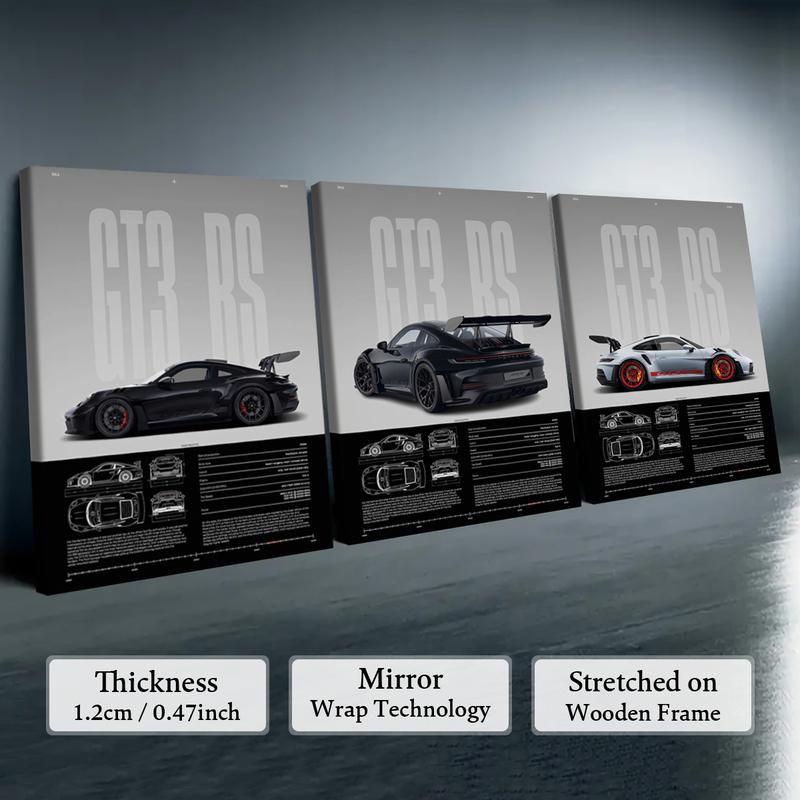 3 Counts Wooden Framed Canvas, Porsche GT3 RS Series Poster, Exquisite Fashion Poster, Modern Art, Abstract Design Wall Art for Living Room, Waterproof Artwork, Ideal Gift for Family
