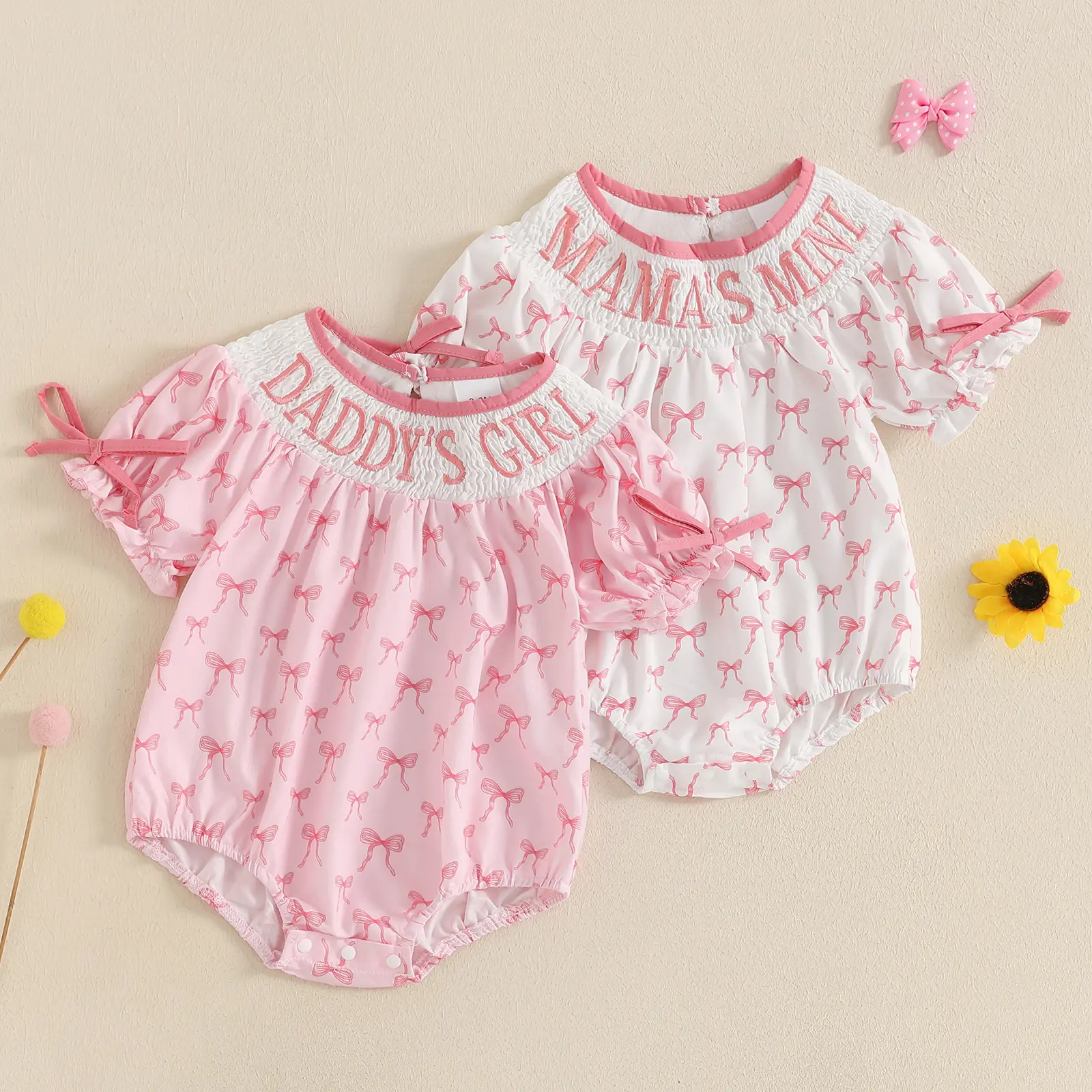 Newborn Baby Girl Romper Mamas Mini Bow Plaid Print Puff Sleeve Smocked Bubble Romper Jumpsuit Bodysuit Clothes