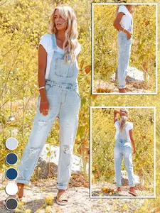 New Spring Summer Washed Light Blue Ripped Loose Fit Denim Overall Womenswear, Comfortable Harem Style, Casual Adjustable Straps, All Seasons
