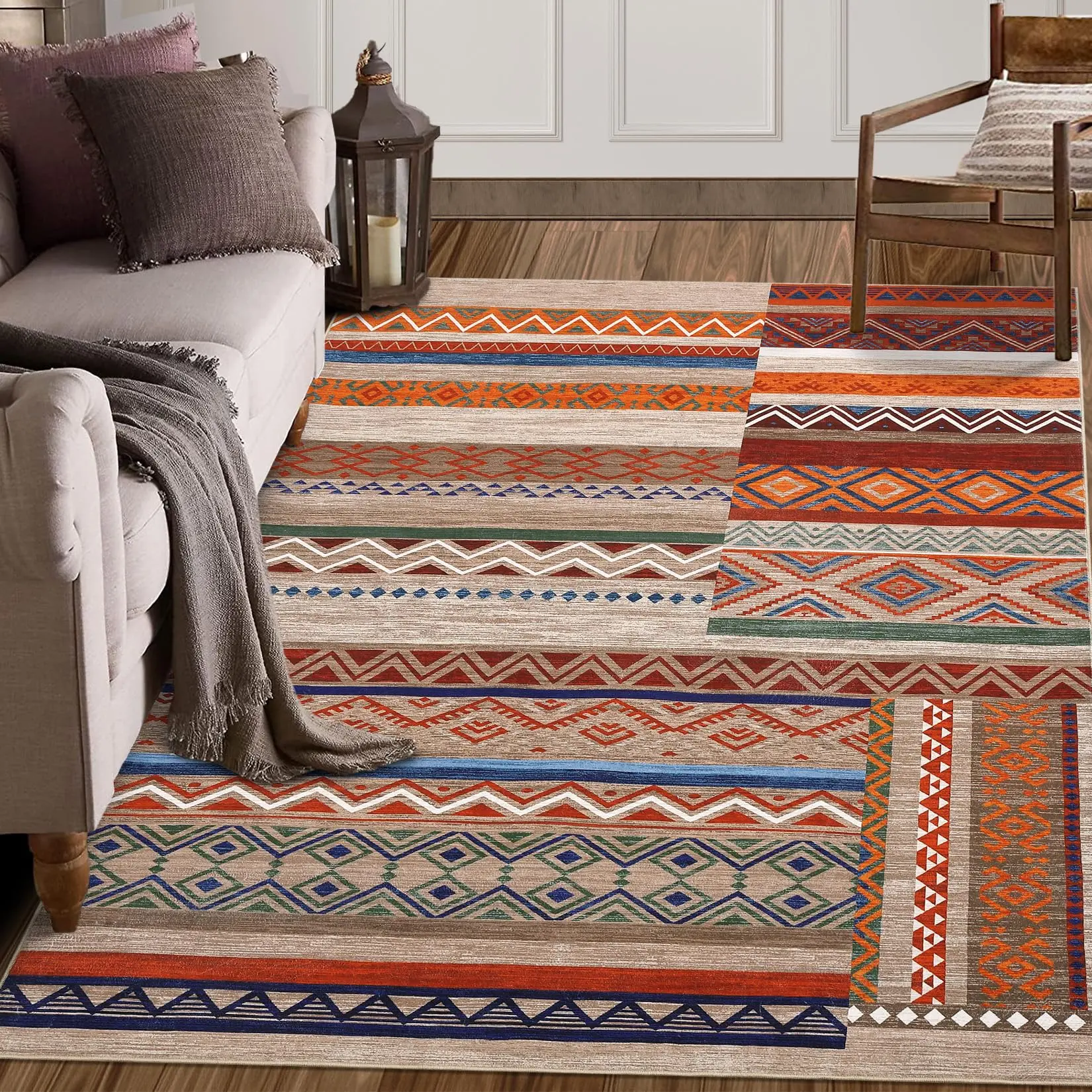 Garvee Washable 5x7 Low-Pile Rectangular Rug, Distressed Vintage Tribal Geometric Patchwork, Non-Slip Neutral Green Soft Carpet for Living Room, Rugs for Bedroom