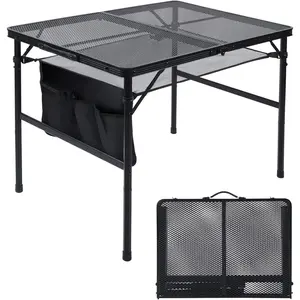 Folding barbecue table, portable camping table, height-adjustable metal table, equipped with a mesh tabletop and mesh storage bag, suitable for camping, picnics, beaches, and barbecues