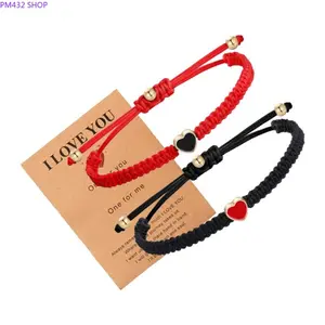 Couple Braided Heart Bracelets Set – Red & Black Rope Handwoven Jewelry with Gold Spacer Beads, Adjustable Knot Love Bracelet Set for Couples, Romantic Gift for Valentine’s Day & Daily Wear