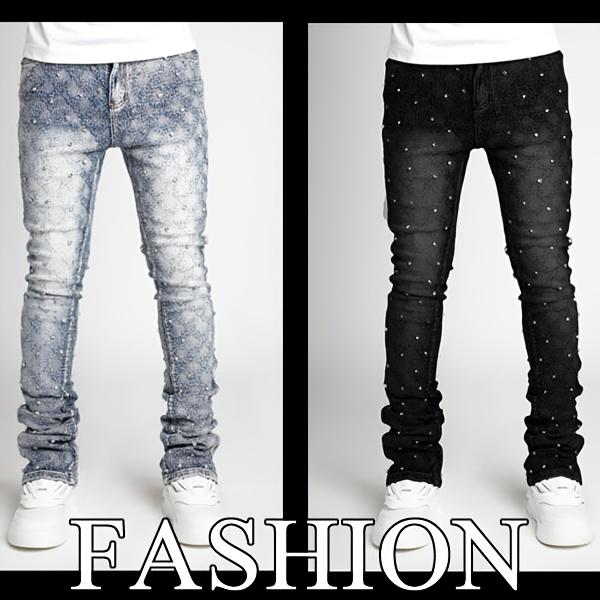 Y2K Men's Shiny Rhinestone Embellished Stretch Slim-Fit Jeans, Casual Street Style Hip-Hop Skateboarding Rap Pants, Machine Washable - All-Season Wear