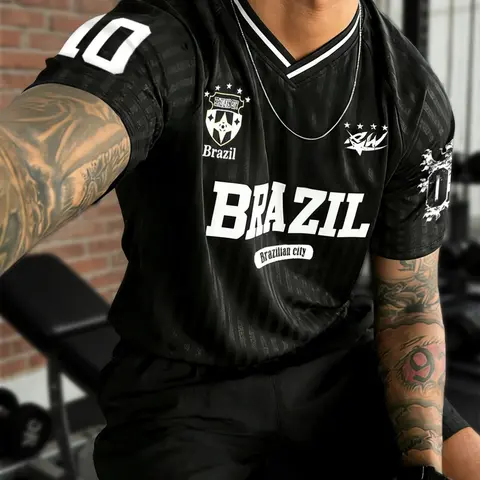Men's Brazil-Themed Sports T-Shirt, Striped Soccer Training Jersey with Brazilian Logo, Casual for Soccer Fans, Workout Sports Top, Soccer Jerseys, Sportswear Shirt