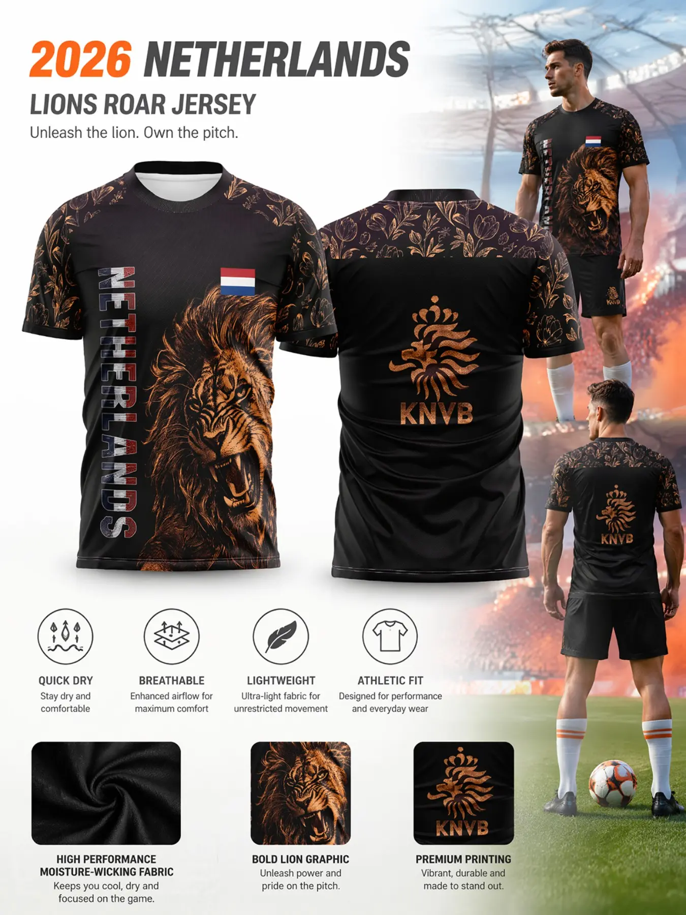 2026 Netherlands Lion Football Jersey, Tulip Sleeve, Dutch Flag T-Shirt, Quick-Dry Lightweight Breathable Sportswear, Fan Apparel