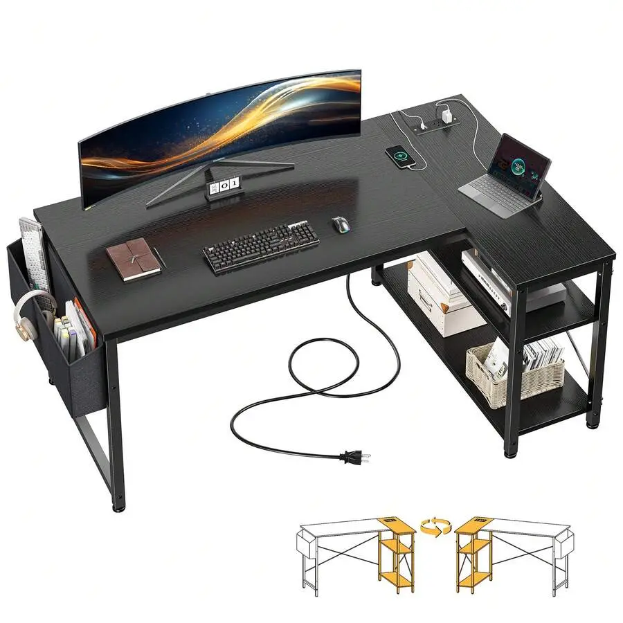 48" L-Shaped Gaming Desk With Storage Shelves, Power Outlets & Side Bag Corner Computer Desk Small Spaces, Black