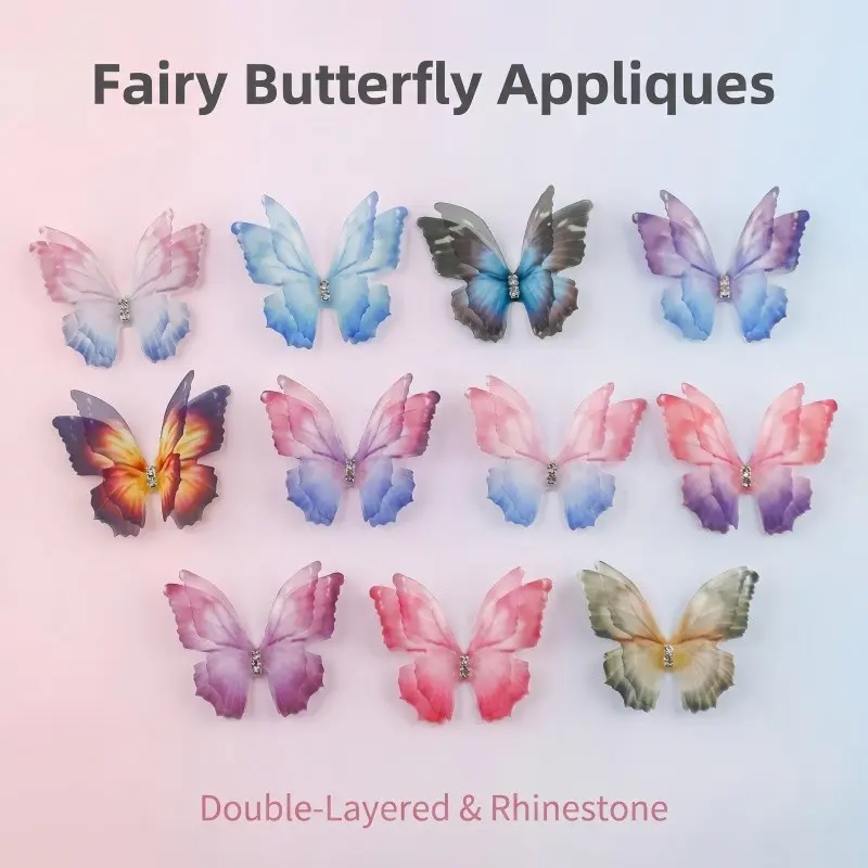 Double Layer Sheer Rhinestone Bow Gradient Color Transparent Mesh Butterfly Patch DIY Hair Accessory, Multiple Colors Available